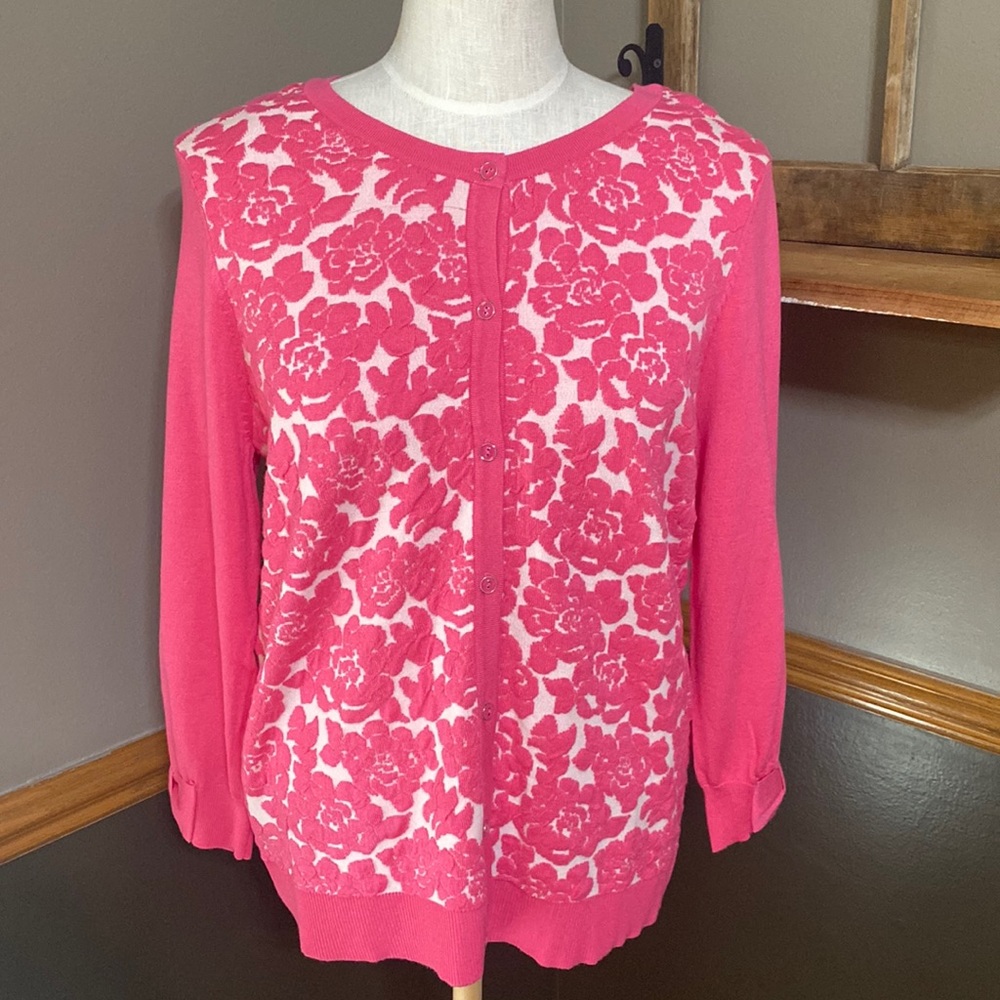 Elle pink and cream floral embroidery 3 quarter sleeve cardigan size Large